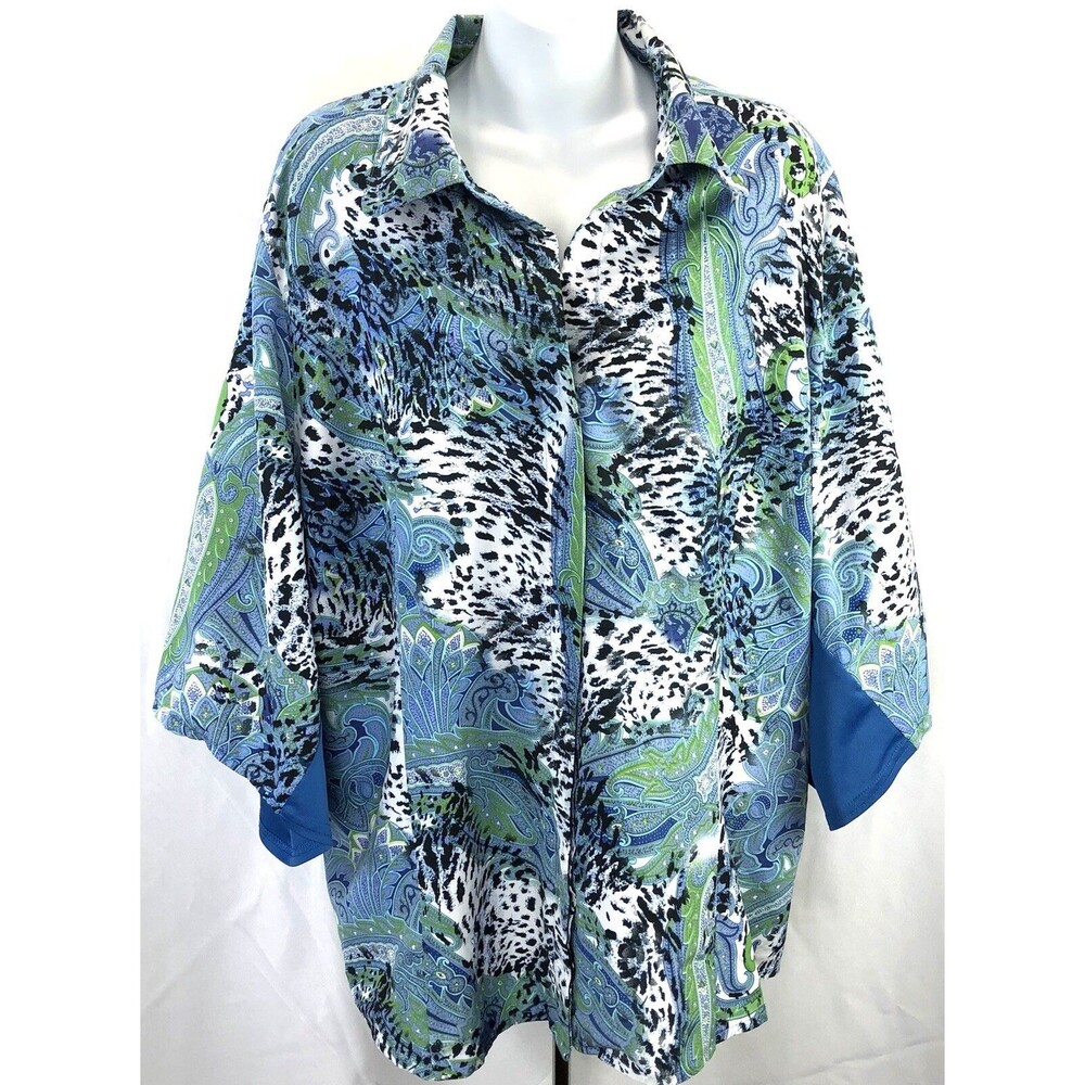 Vtg Joannas Button Up Topo Blouse 3X Blue Leopard Kimono Pleated Back Collar Y2K